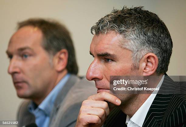 Team manager Andreas Mueller and the new head coach Mirko Slomka attend the press conference of Schalke 04 at the Arena Auf Schalke on January 4,...