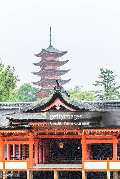 itsukushima shrine, five storied pagoda, miyajima - five story pagoda stock pictures, royalty-free photos & images