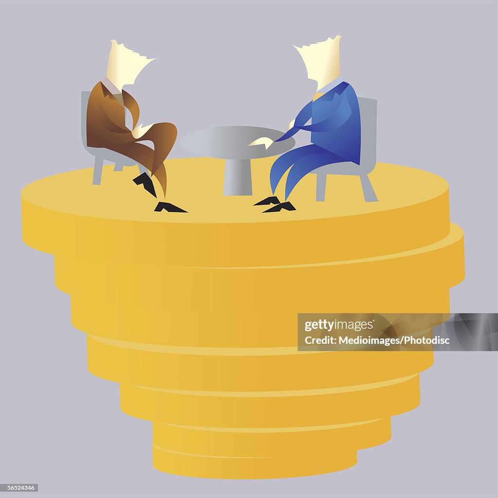Side profile of two businessmen sitting on cheese