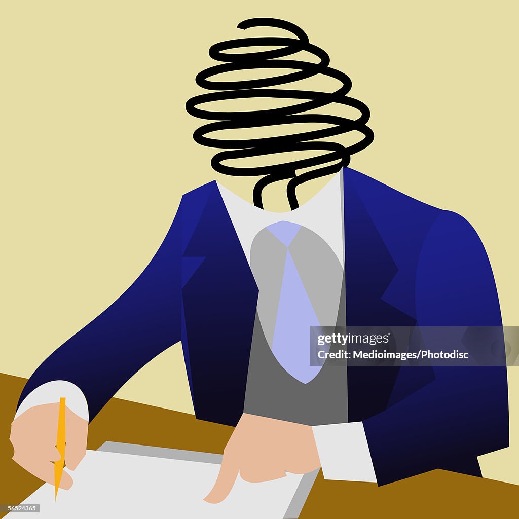 Businessman, head made of spiraling lines, reading document