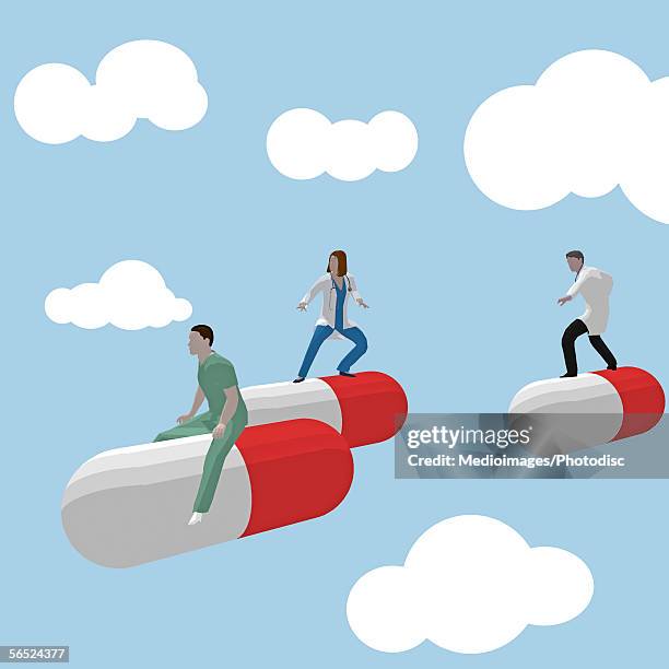 side profile of three doctor's standing on flying capsules - doctor sitting side stock illustrations
