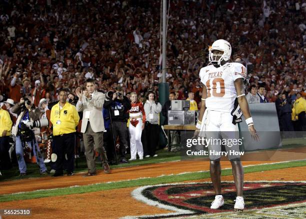 Quarterback Vince Young of the Texas Longhorns stands in the end zone after scoring a 14 yard touchdown during the third quarter of the BCS National...