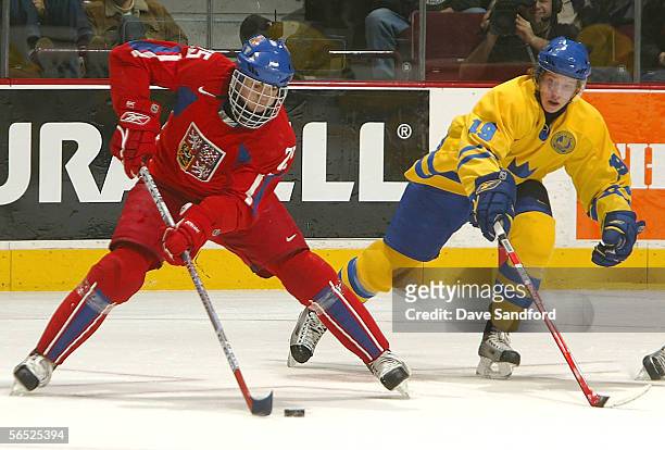 Nicklas Backstrom of Team Sweden skates after Michael Frolik of Team Czech Republic during their World Jr. Hockey Championship 5th place game on...