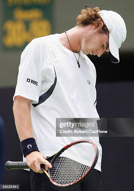 Andy Murray of Great Britain shows his frustration against Tomas Berdych of the Czech Republic on day four of the Next Generation Men's Hardcourts at...