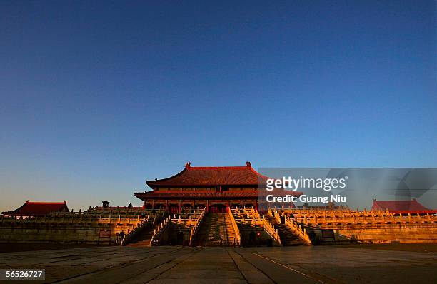 General view is seen of the Hall of Supreme Harmony in Beijing's Forbidden City on January 5, 2006 in Beijing, China. The hall is the most important...