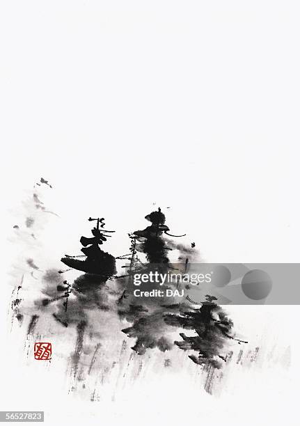 scenery of mountain - japanese tree drawing stock illustrations