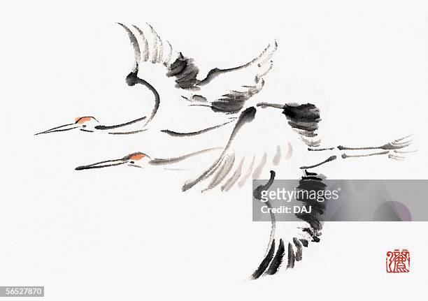 cranes - ink wash painting stock illustrations