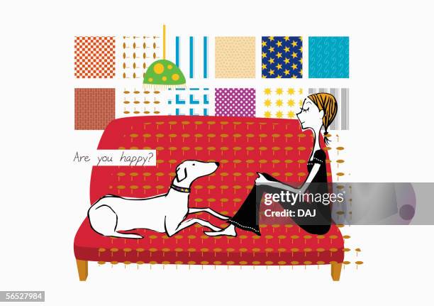 woman and dog image - dog couch stock illustrations