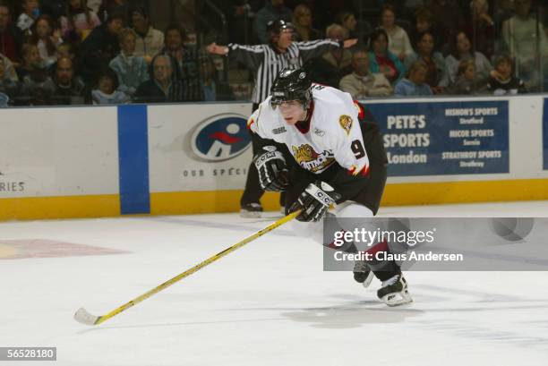 American hockey player Bobby Ryan of the Owen Sound Attack in action against the London Knights at the John Labatt Centre, London, Ontario, October...