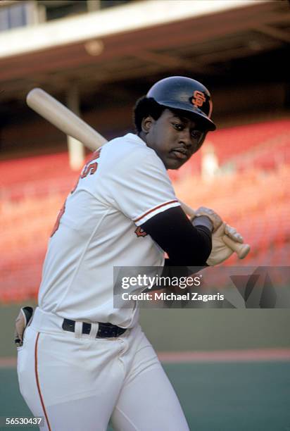 Gary Matthews of the San Francisco Giants poses with his bat before a May,1973 season game. Gary Matthews played for the Giants from 1972-1976.