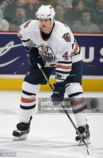 Chris Pronger of the Edmonton Oilers in action against the Vancouver Canucks during the NHL game at General Motors Place on December 21, 2005 in...