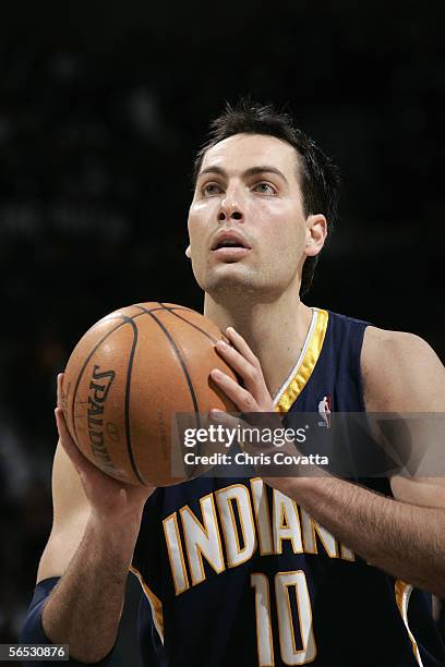 Jeff Foster of the Indiana Pacers shoots a free throw during the game against the San Antonio Spurs on December 27, 2005 at the SBC Center in San...