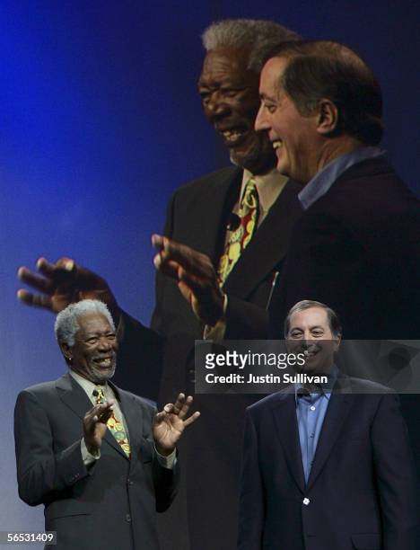 Actor Morgan Freeman jokes with Intel CEO Paul Otellini as he delivers his keynote address on the opening day of the 2006 Consumer Electronics Show...