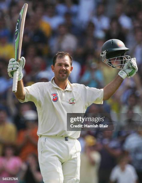 Ricky Ponting of Australia celebrates reaching his century during day five of the Third Test between Australia and South Africa played at the SCG on...