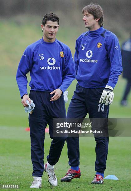 Cristiano Ronaldo and Edwin van der Sar of Manchester United in action during a first team training session at Carrington Training Ground on January...