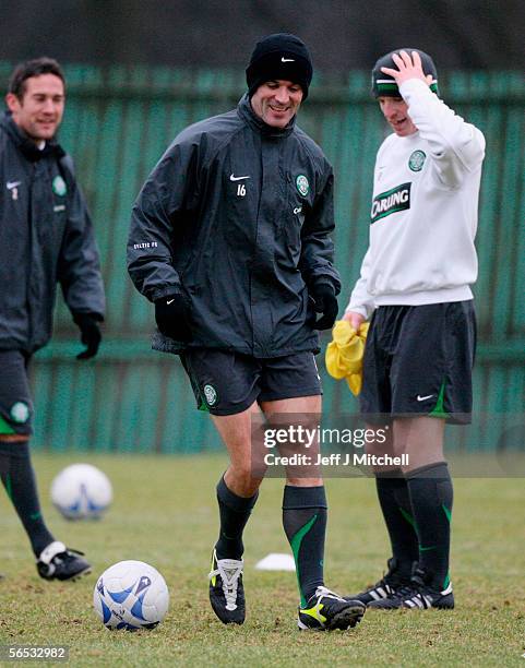 Roy Keane, Neil Lennon and Paul Telfer of Celtic are seen during a team training session at the Barrowfield training ground on January 6, 2006 in...