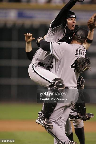 Pierzynski and Bobby Jenks of the Chicago White Sox celebrate winning Game 4 of the 2005 World Series against the Houston Astros at Minute Maid Park...