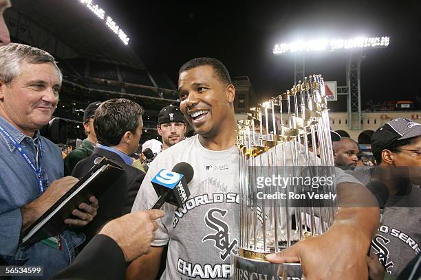 Ken Williams of the Chicago White Sox celebrates winning Game 4 of the 2005 World Series against the Houston Astros at Minute Maid Park on October...