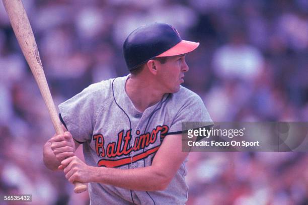 Brooks Robinson of the Baltimore Orioles swings during a game at Memorial Stadium circa 1960's in Baltimore, Maryland.