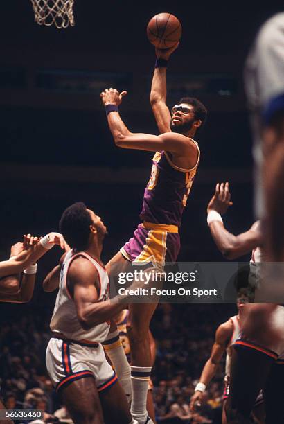 Kareem Abdul Jabbar of the Los Angeles Lakers makes a hookshot circa the 1970's during a game.