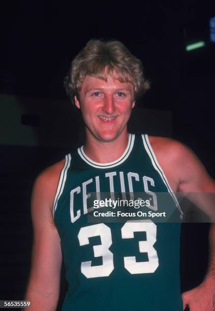 Larry Bird of the Boston Celtics stands on the court during a game circa the 1980's.