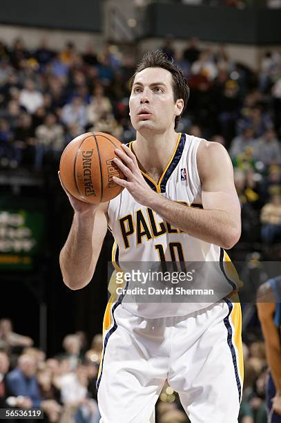 Jeff Foster of the Indiana Pacers shoots a free throw during the game against the Dallas Mavericks at Conseco Fieldhouse on December 6, 2005 in...