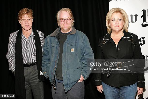 Actors Robert Redford, Philip Seymour Hoffman and opera singer Deborah Voigt pose for photographers prior to the Times Talk: Special Edition...
