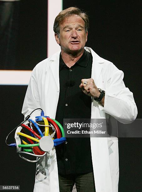 Actor/comedian Robin Williams jokes around during Google co-founder Larry Page's keynote address at the International Consumer Electronics Show...