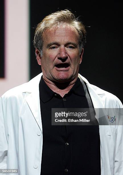 Actor/comedian Robin Williams jokes around during Google co-founder Larry Page's keynote address at the International Consumer Electronics Show...
