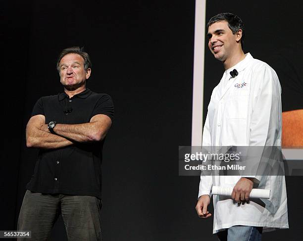 Actor/comedian Robin Williams appears with Google co-founder Larry Page during his keynote address at the International Consumer Electronics Show...