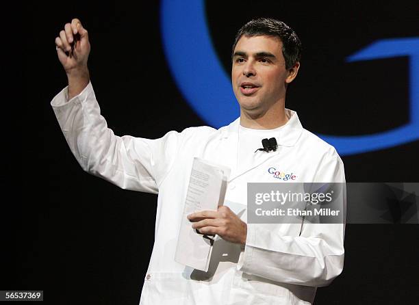 Google co-founder Larry Page delivers a keynote address at the International Consumer Electronics Show January 6, 2006 in Las Vegas, Nevada. The 1.6...