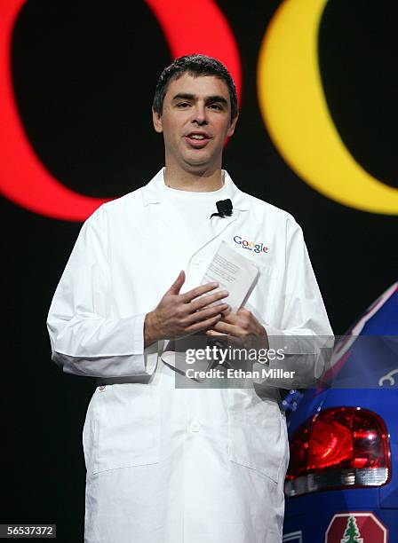 Google co-founder Larry Page delivers a keynote address at the International Consumer Electronics Show January 6, 2006 in Las Vegas, Nevada. The 1.6...