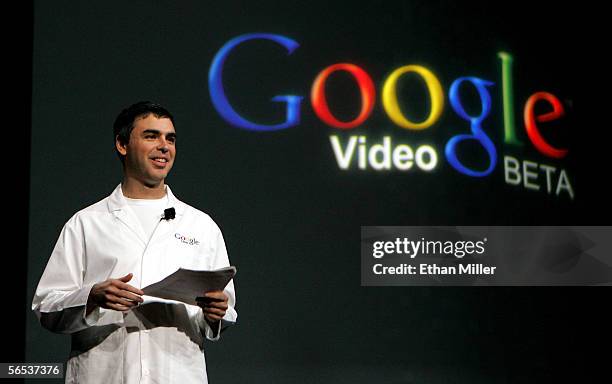 Google co-founder Larry Page delivers a keynote address at the International Consumer Electronics Show January 6, 2006 in Las Vegas, Nevada. The 1.6...