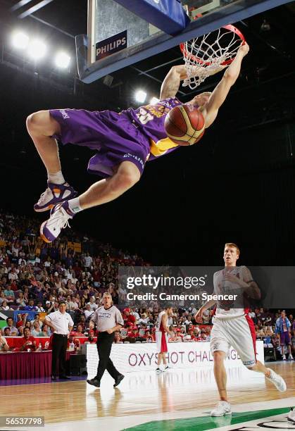 David Barlow of the Kings slam dunks the ball during the round 19 NBL match between the Sydney Kings and the Wollongong Hawks at the Sydney...