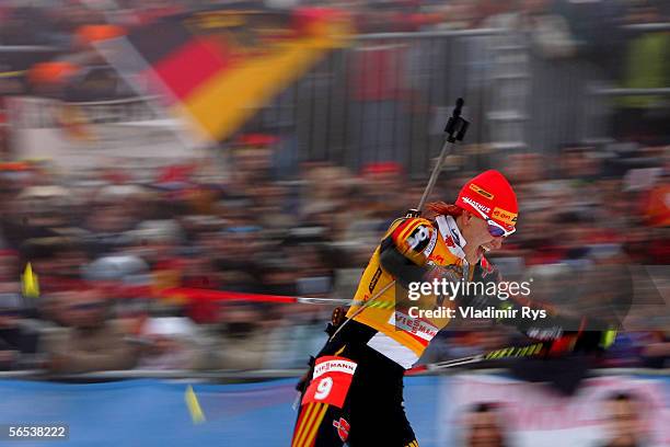 Kati Wilhelm of Germany is action during the womens sprint competition of the E.ON Ruhrgas IBU Biathlon World Cup on January 7, 2006 in Oberhof near...