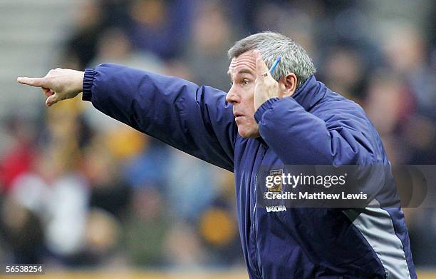 Peter Taylor, manager of Hull City gives out orders during the FA Cup Third Round match between Hull City and Aston Villa at the KC Stadium on...