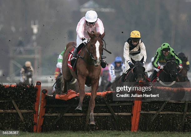 Tom Scudamore and Desert Air clear the last flight before landing The Ladbroke Handicap Hurdle Race run at Sandown Park Racecourse on January 7 2006...