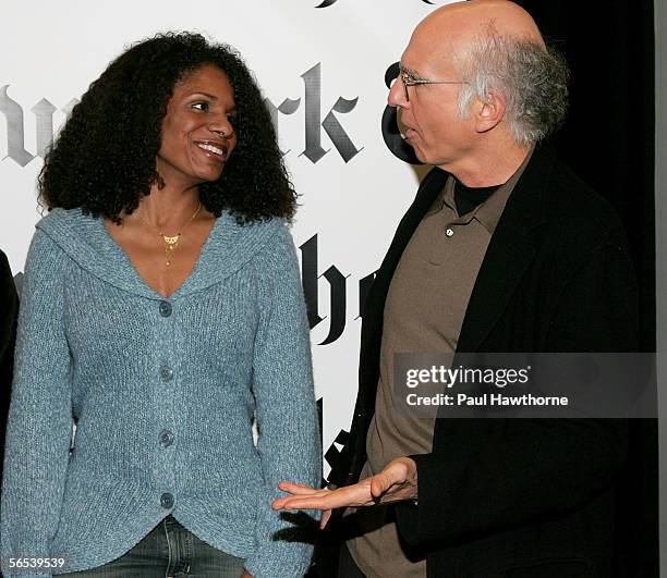 Actress Audra McDonald and writer/actor Larry David talk as they pose for photographers prior to the Times Talk: Special Edition conversations at the...