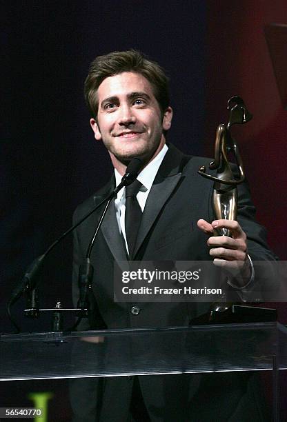 Actor Jake Gyllenhaal receives the Desert Palm Achievement Award onstage at the 17th Annual Palm Springs International Film Festival Gala at the Palm...