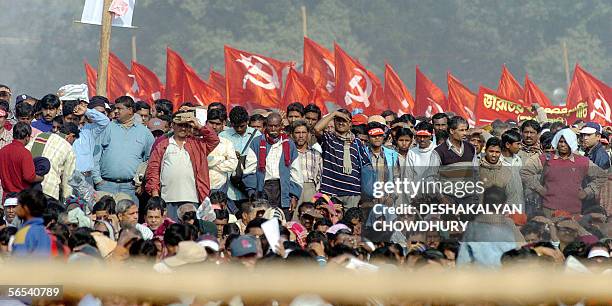 Supporters listen to veteran Communist leader Jyoti Basu at a mammoth gathering of party activists in Kolkata, 08 January, 2006. Basu addressed the...