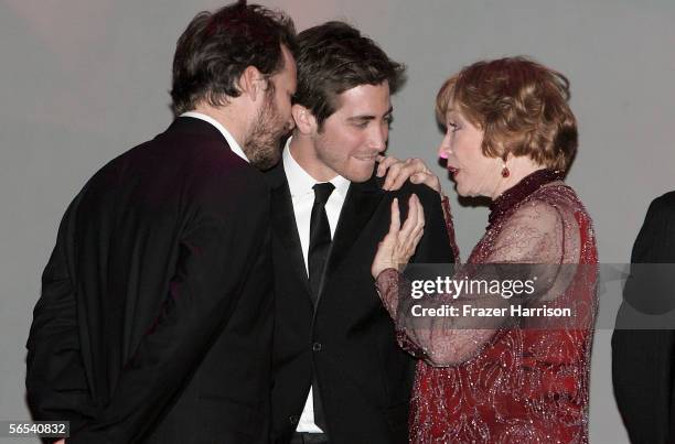 Actors Peter Sarsgaard, Jake Gyllenhaal, and Shirley Maclaine onstage at the 17th Annual Palm Springs International Film Festival Gala at the Palm...