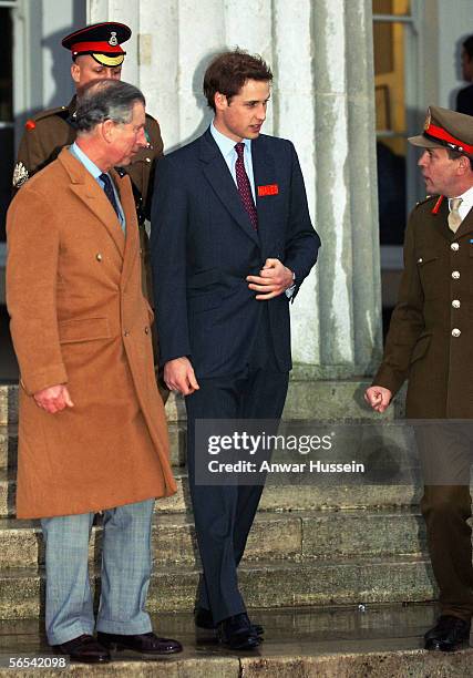 Prince William, accompanied by his father Prince Charles, Prince of Wales, is greeted by Major General Andrew Ritchie as he arrives to join his...