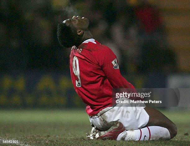 Louis Saha of Manchester United shows his disappointment at a missed chance during the FA Cup Third Round match between Burton Albion and Manchester...
