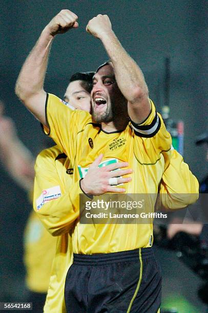 Darren Stride of Burton celebrates at the end of the FA Cup Third Round match between Burton Albion and Manchester United on January 8, 2006 at...