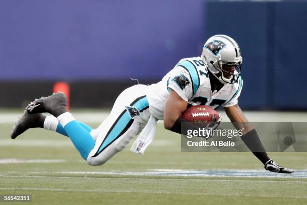Marlon McCree of the Carolina Panthers catches the ball for an interception during the second half of the NFC Wild Card Playoff Game against the New...