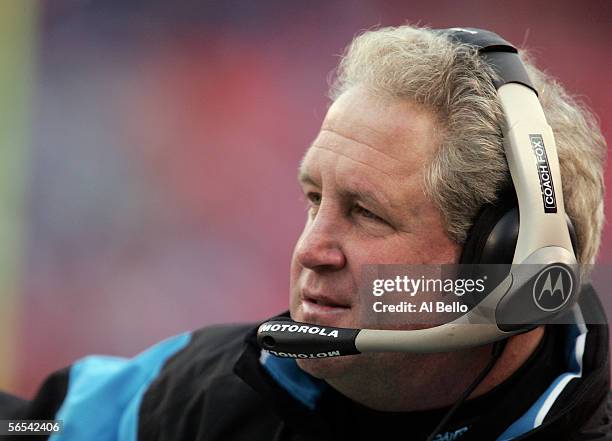 Head coach John Fox of the Carolina Panthers watches his team from the sidelines during the NFC Wild Card Playoff Game against the New York Giants at...