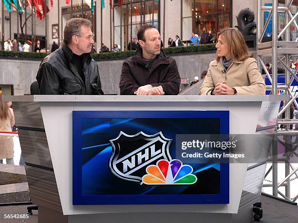 On NBC hosts Bill Clement and Ray Ferraro discuss NHL hockey with guest host USA hockey olympian great Cammi Granato at a rehearsal of the new NBC...