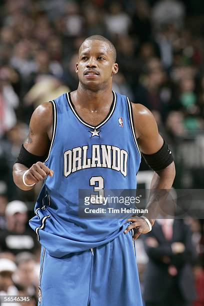 Steve Francis of the Orlando Magic looks on the court during the game against the Dallas Mavericks during the game at American Airlines Arena on...