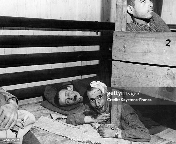 Prisonniers, visages tuméfiés, édentés et trop faibles pour se mouvoir, tout juste libérés le 7 mai 1945, dans le camp de concentration de Mauthausen...