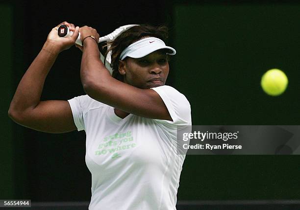 Serena Williams of the USA in action during a practice session in the lead up to the Australian Open at Rod Laver Arena January 10, 2006 in...